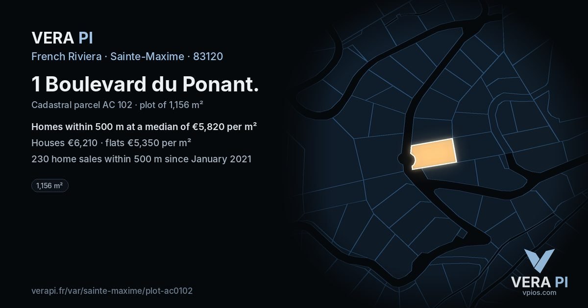 1 Boulevard du Ponant, Sainte-Maxime at night – the plot lit, the parcels around coloured by the prices near them