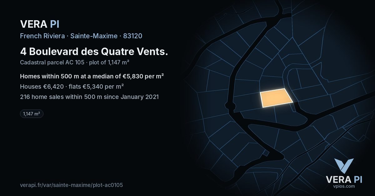 4 Boulevard des Quatre Vents, Sainte-Maxime at night – the plot lit, the parcels around coloured by the prices near them
