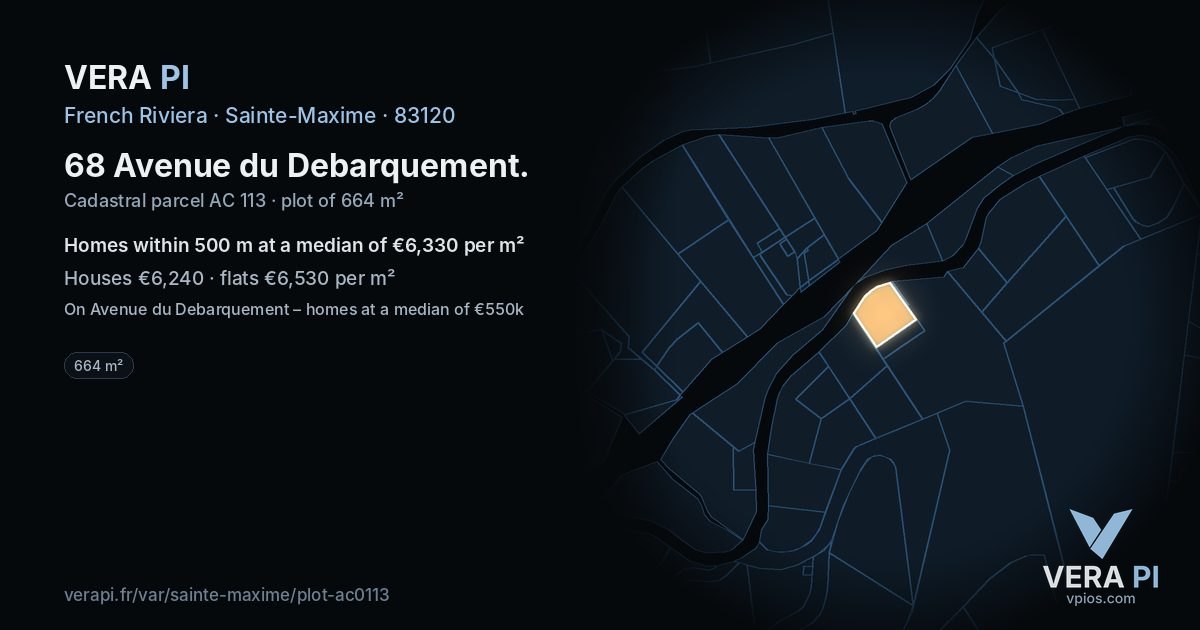 68 Avenue du Debarquement, Sainte-Maxime at night – the plot lit, the parcels around coloured by the prices near them