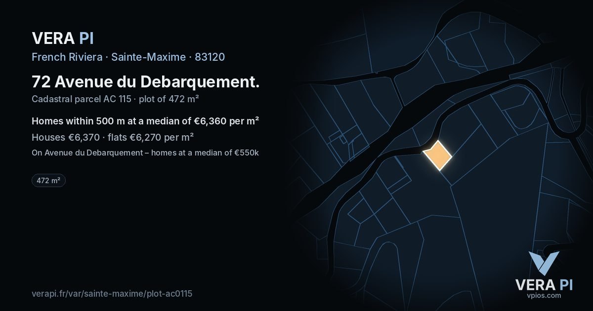 72 Avenue du Debarquement, Sainte-Maxime at night – the plot lit, the parcels around coloured by the prices near them