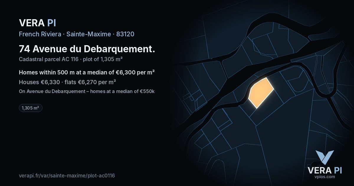 74 Avenue du Debarquement, Sainte-Maxime at night – the plot lit, the parcels around coloured by the prices near them