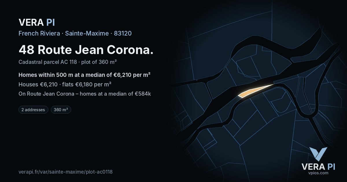 48 Route Jean Corona, Sainte-Maxime at night – the plot lit, the parcels around coloured by the prices near them