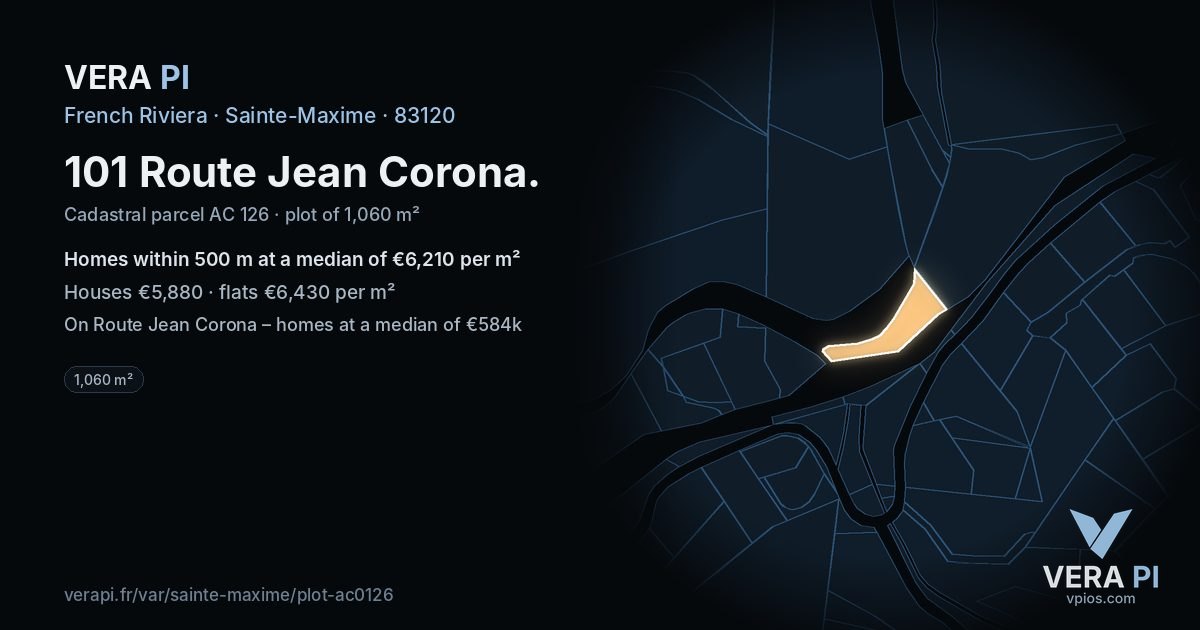 101 Route Jean Corona, Sainte-Maxime at night – the plot lit, the parcels around coloured by the prices near them