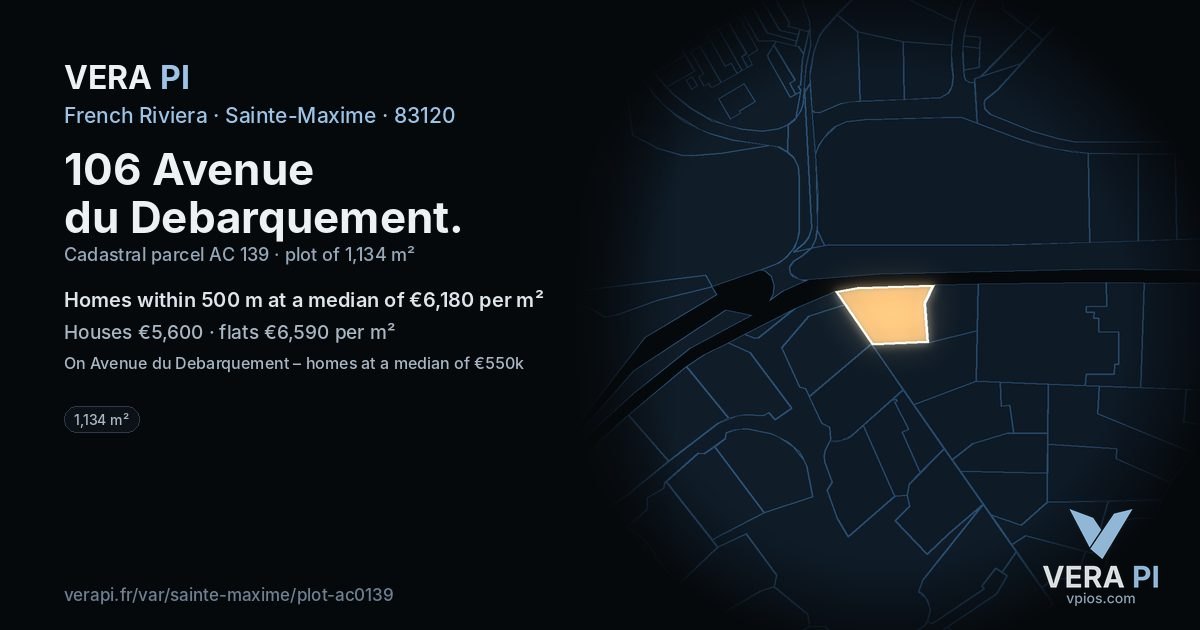 106 Avenue du Debarquement, Sainte-Maxime at night – the plot lit, the parcels around coloured by the prices near them