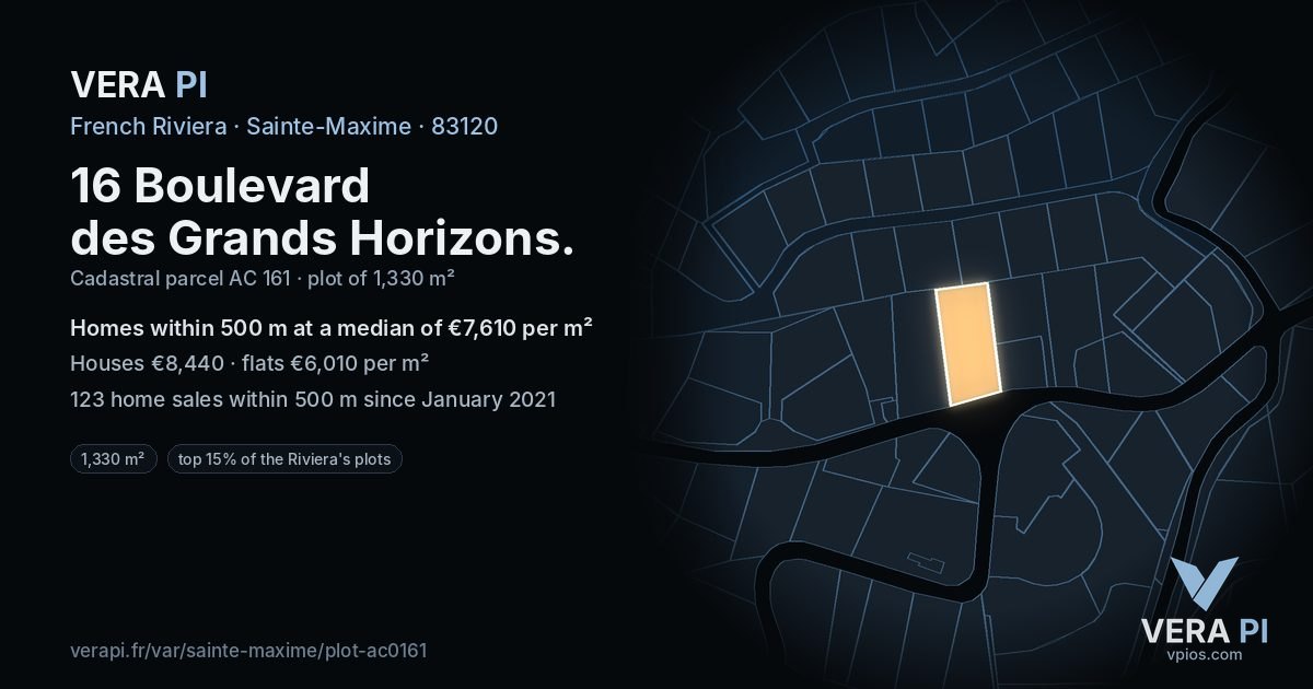 16 Boulevard des Grands Horizons, Sainte-Maxime at night – the plot lit, the parcels around coloured by the prices near them
