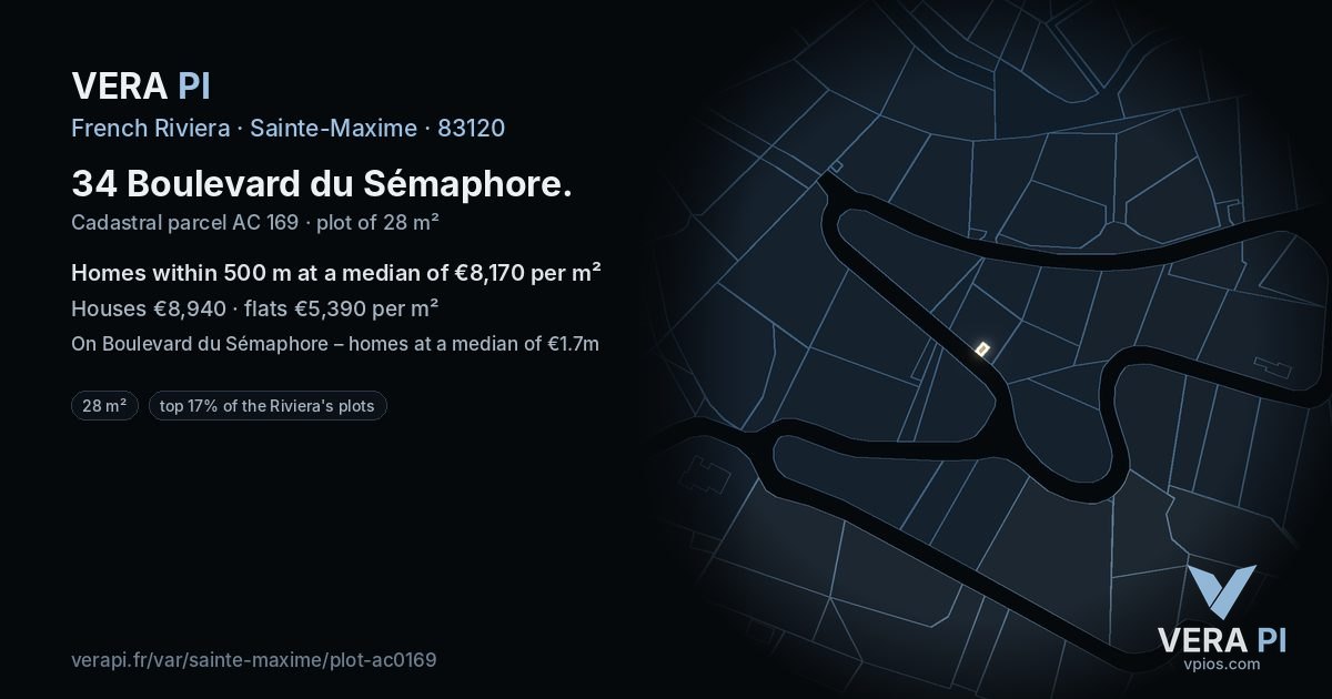 34 Boulevard du Sémaphore, Sainte-Maxime at night – the plot lit, the parcels around coloured by the prices near them