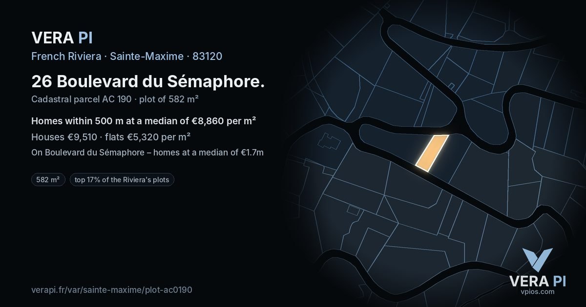 26 Boulevard du Sémaphore, Sainte-Maxime at night – the plot lit, the parcels around coloured by the prices near them
