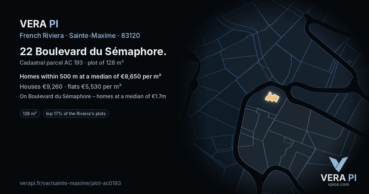 22 Boulevard du Sémaphore, Sainte-Maxime at night – the plot lit, the parcels around coloured by the prices near them