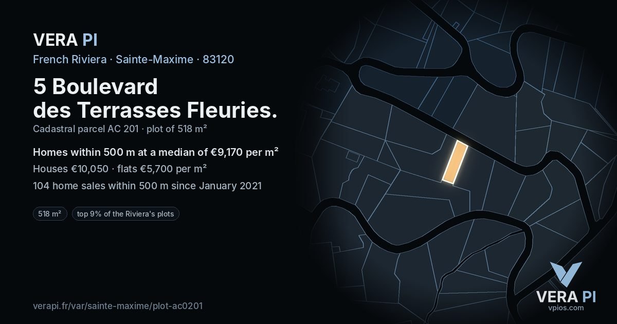 5 Boulevard des Terrasses Fleuries, Sainte-Maxime at night – the plot lit, the parcels around coloured by the prices near them