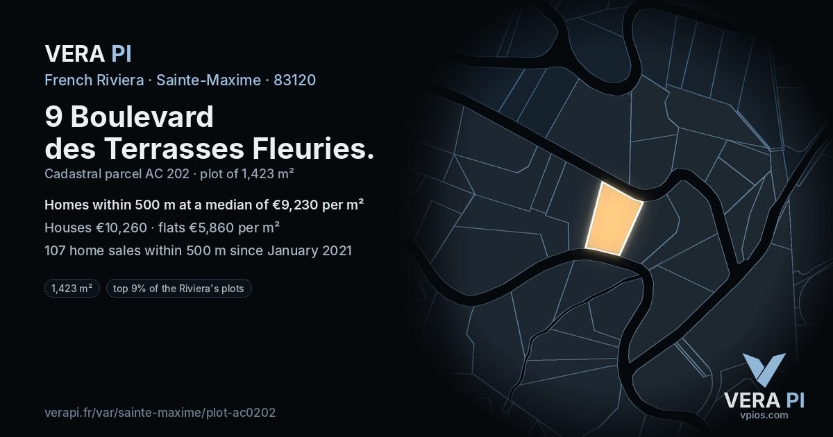 9 Boulevard des Terrasses Fleuries, Sainte-Maxime at night – the plot lit, the parcels around coloured by the prices near them