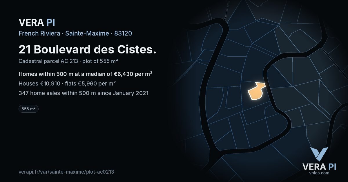 21 Boulevard des Cistes, Sainte-Maxime at night – the plot lit, the parcels around coloured by the prices near them