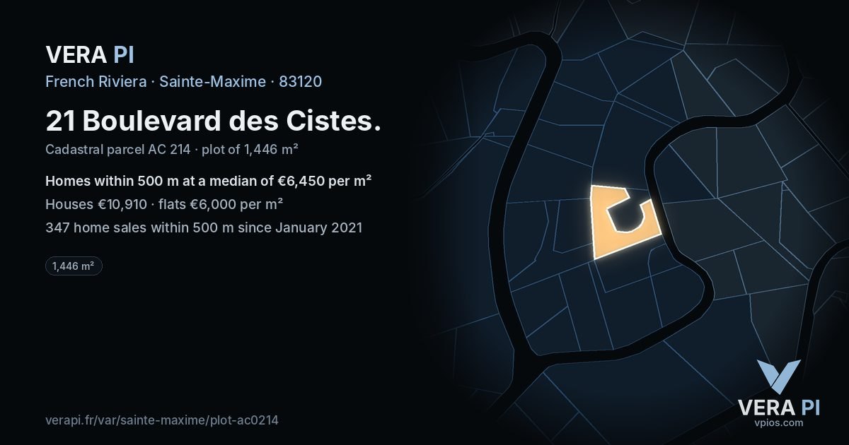 21 Boulevard des Cistes, Sainte-Maxime at night – the plot lit, the parcels around coloured by the prices near them