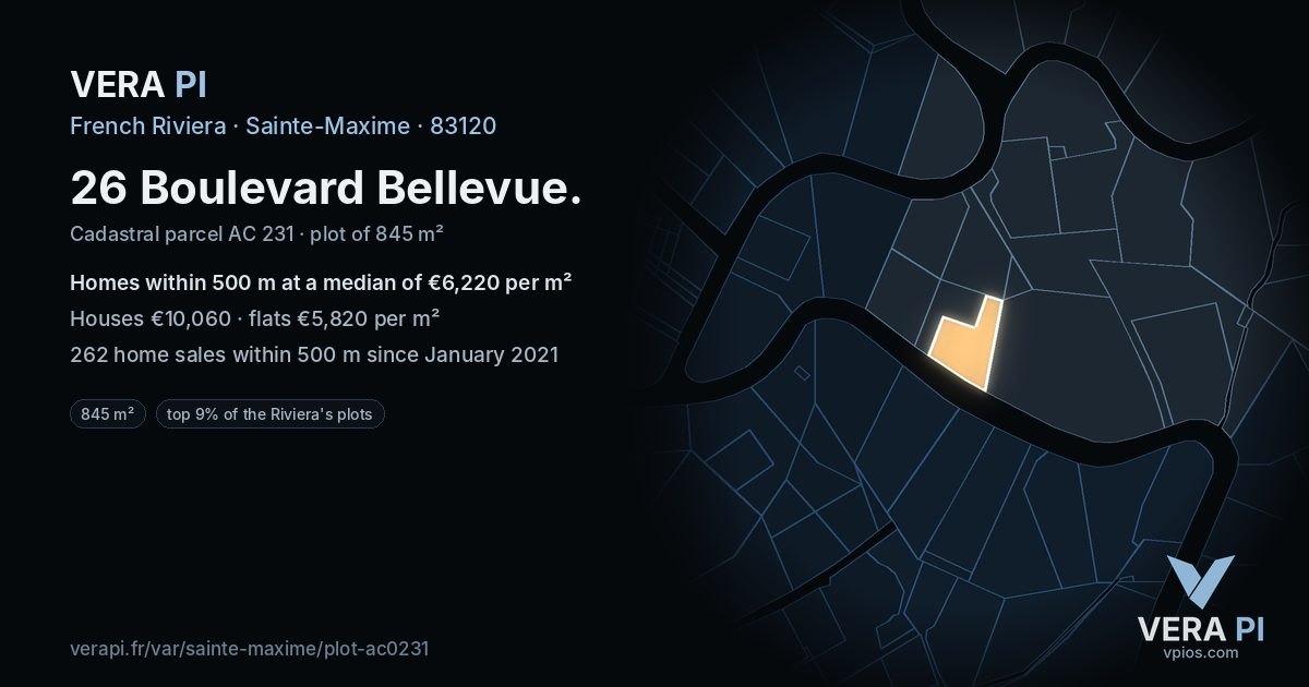26 Boulevard Bellevue, Sainte-Maxime at night – the plot lit, the parcels around coloured by the prices near them