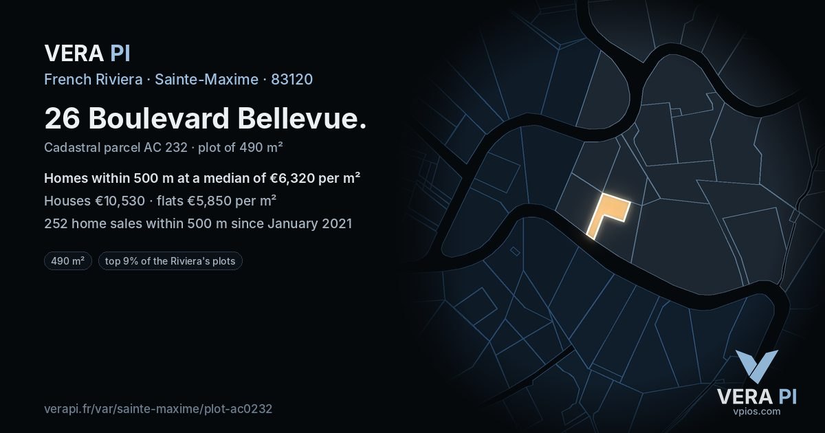 26 Boulevard Bellevue, Sainte-Maxime at night – the plot lit, the parcels around coloured by the prices near them