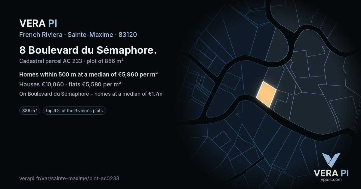 8 Boulevard du Sémaphore, Sainte-Maxime at night – the plot lit, the parcels around coloured by the prices near them