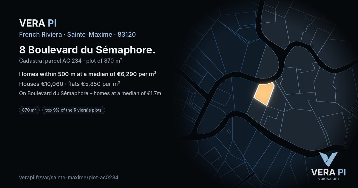 8 Boulevard du Sémaphore, Sainte-Maxime at night – the plot lit, the parcels around coloured by the prices near them