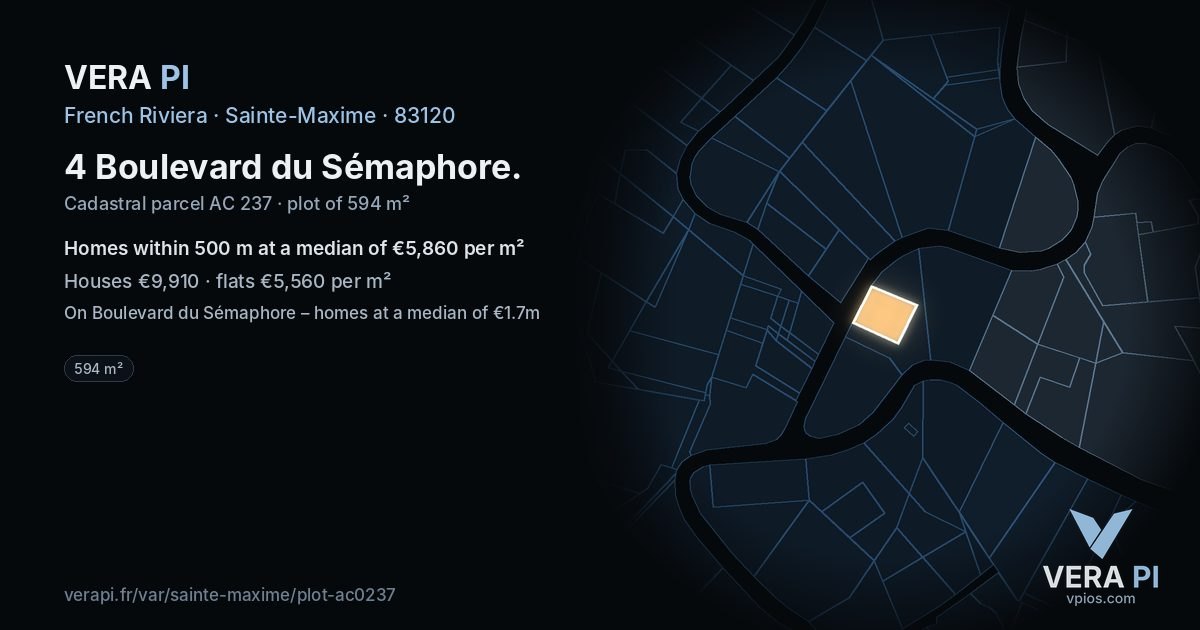 4 Boulevard du Sémaphore, Sainte-Maxime at night – the plot lit, the parcels around coloured by the prices near them