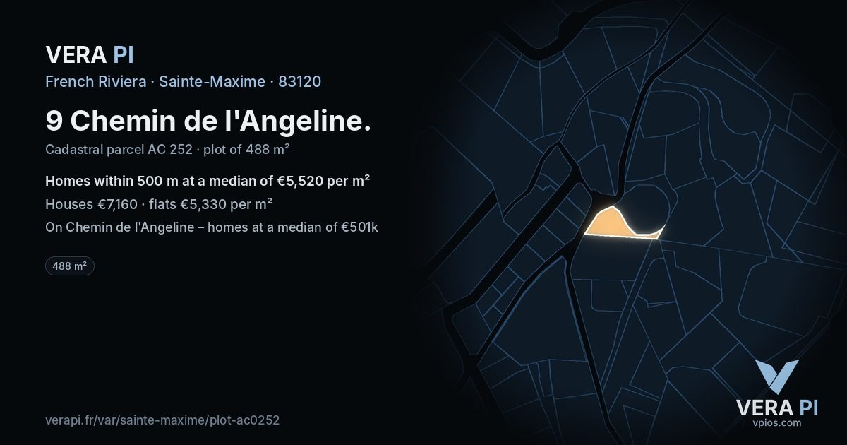 9 Chemin de l'Angeline, Sainte-Maxime at night – the plot lit, the parcels around coloured by the prices near them