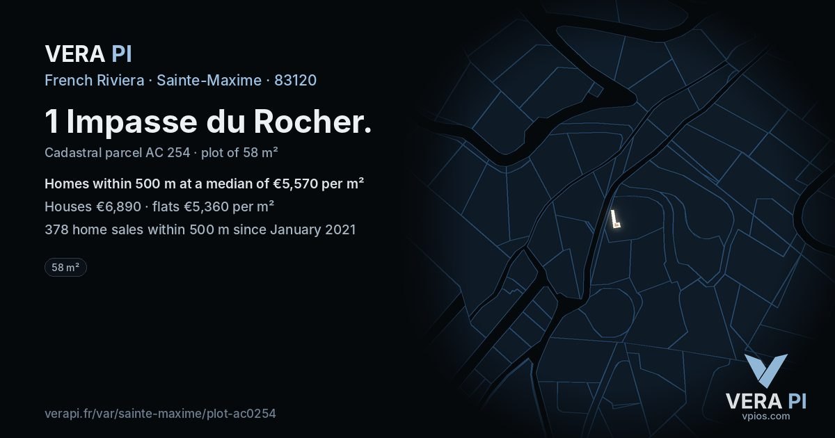 1 Impasse du Rocher, Sainte-Maxime at night – the plot lit, the parcels around coloured by the prices near them