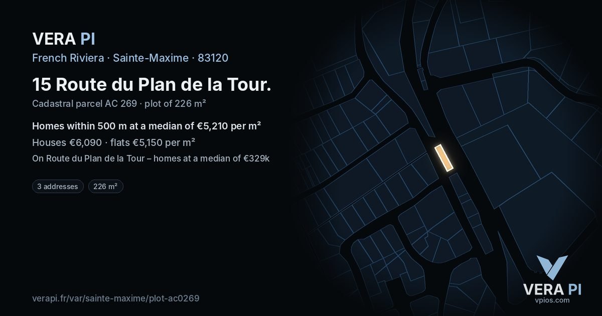 15 Route du Plan de la Tour, Sainte-Maxime at night – the plot lit, the parcels around coloured by the prices near them