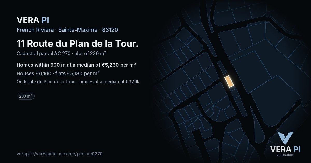 11 Route du Plan de la Tour, Sainte-Maxime at night – the plot lit, the parcels around coloured by the prices near them