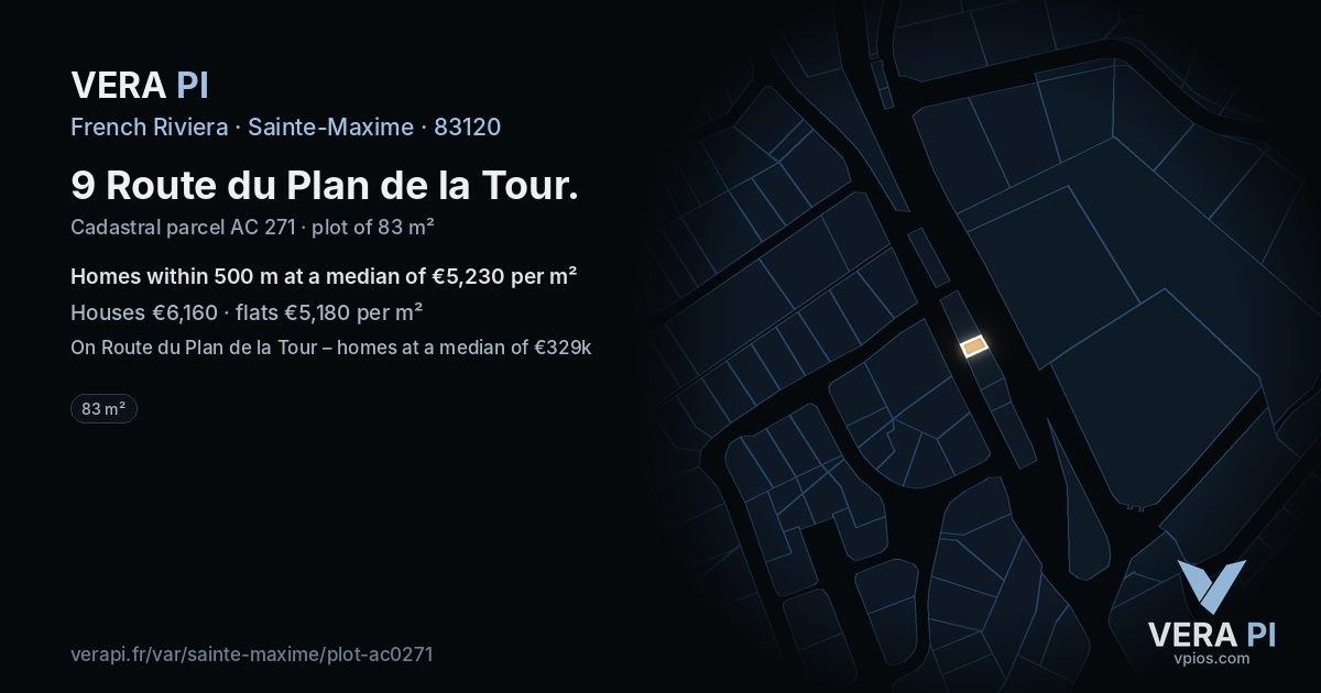 9 Route du Plan de la Tour, Sainte-Maxime at night – the plot lit, the parcels around coloured by the prices near them
