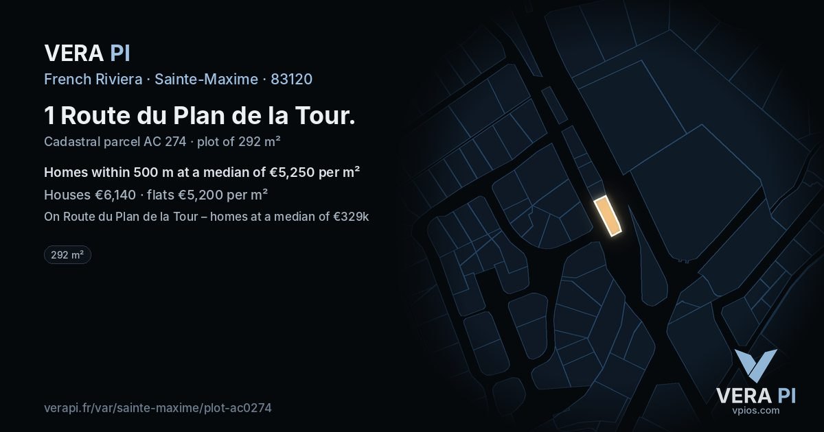 1 Route du Plan de la Tour, Sainte-Maxime at night – the plot lit, the parcels around coloured by the prices near them