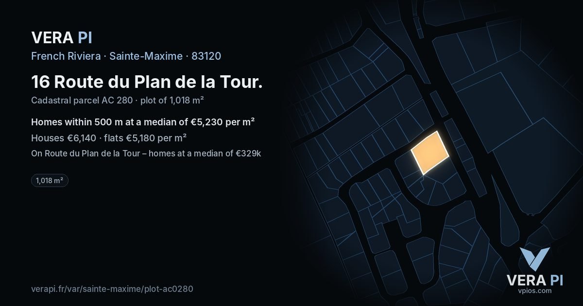 16 Route du Plan de la Tour, Sainte-Maxime at night – the plot lit, the parcels around coloured by the prices near them