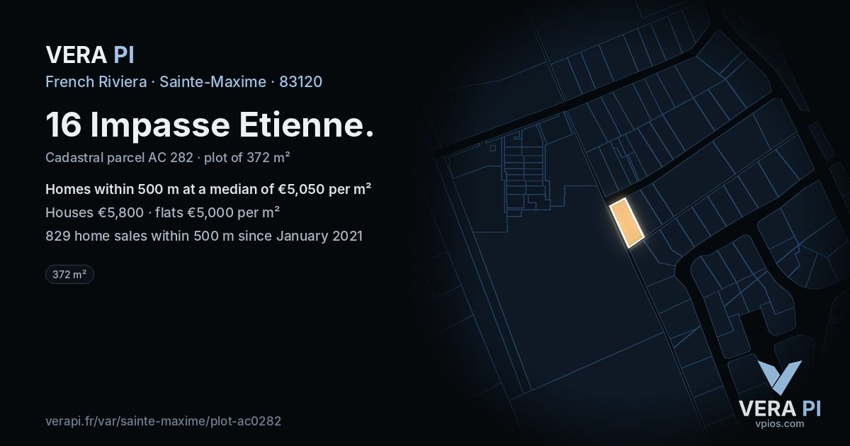 16 Impasse Etienne, Sainte-Maxime at night – the plot lit, the parcels around coloured by the prices near them