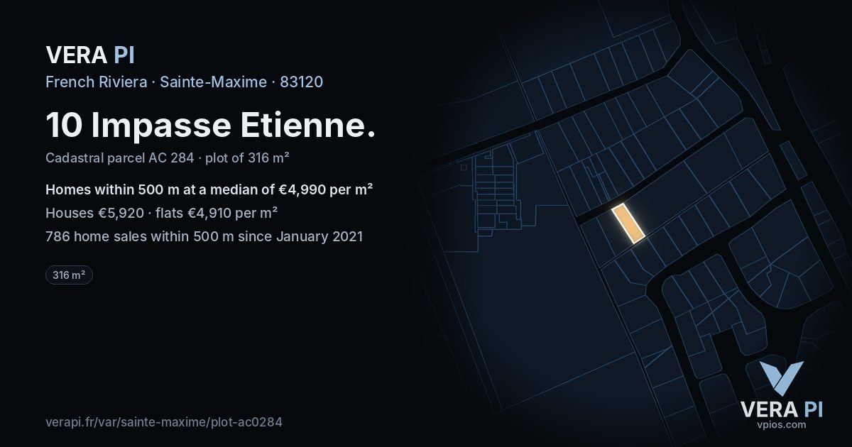 10 Impasse Etienne, Sainte-Maxime at night – the plot lit, the parcels around coloured by the prices near them