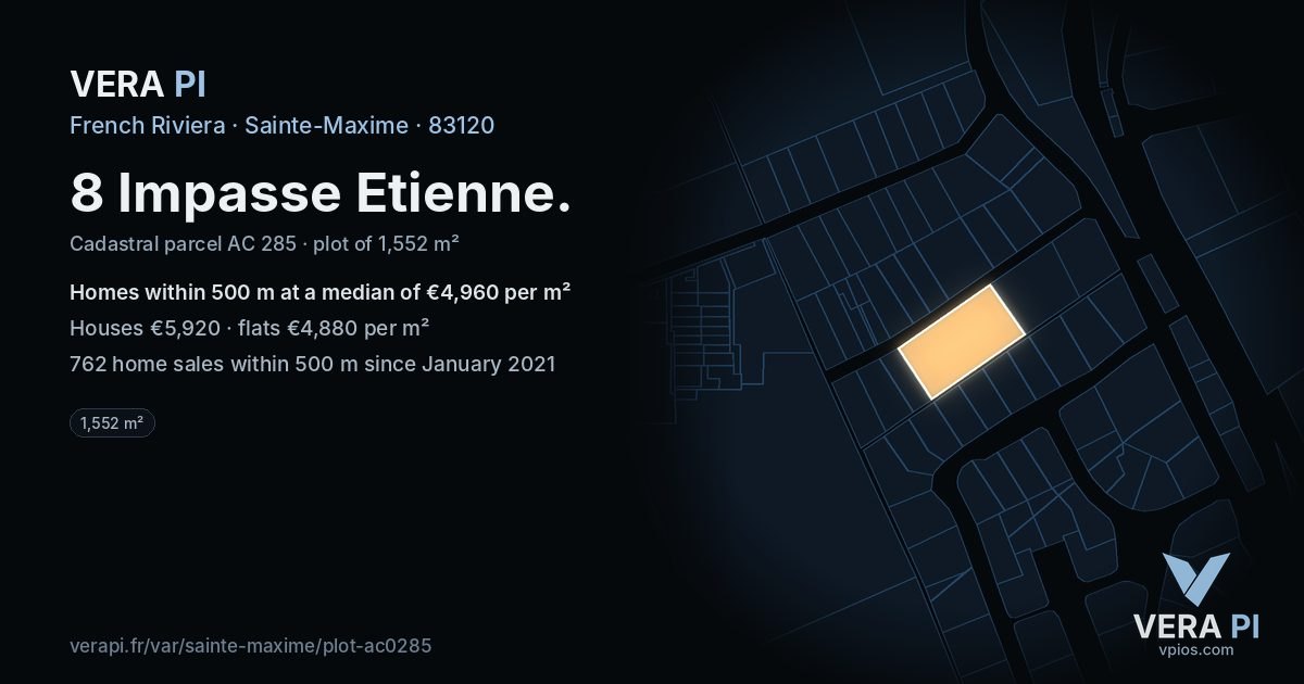 8 Impasse Etienne, Sainte-Maxime at night – the plot lit, the parcels around coloured by the prices near them