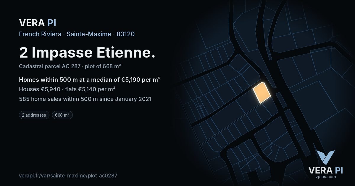 2 Impasse Etienne, Sainte-Maxime at night – the plot lit, the parcels around coloured by the prices near them