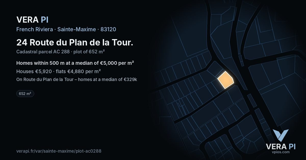 24 Route du Plan de la Tour, Sainte-Maxime at night – the plot lit, the parcels around coloured by the prices near them