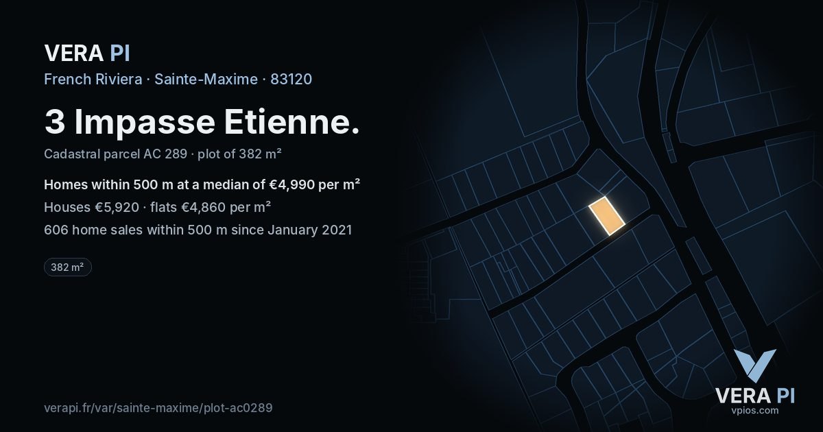 3 Impasse Etienne, Sainte-Maxime at night – the plot lit, the parcels around coloured by the prices near them
