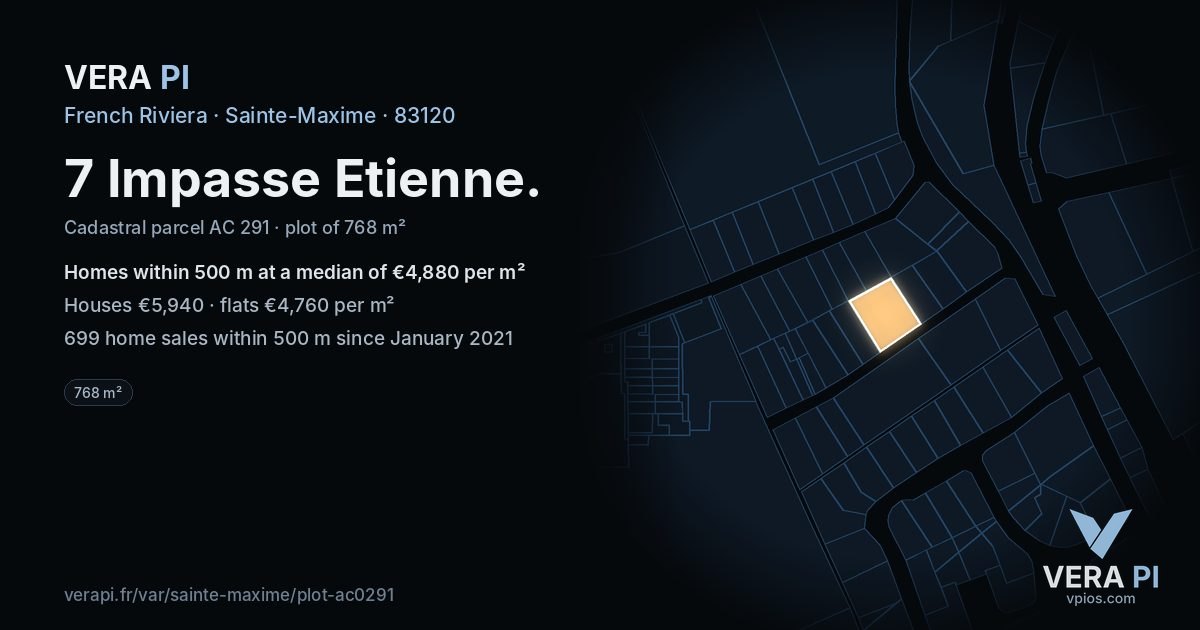 7 Impasse Etienne, Sainte-Maxime at night – the plot lit, the parcels around coloured by the prices near them