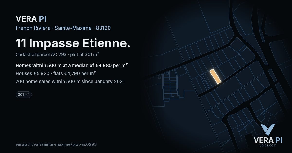 11 Impasse Etienne, Sainte-Maxime at night – the plot lit, the parcels around coloured by the prices near them