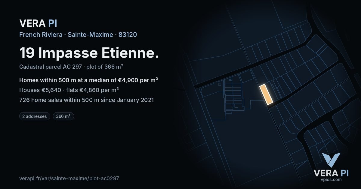 19 Impasse Etienne, Sainte-Maxime at night – the plot lit, the parcels around coloured by the prices near them