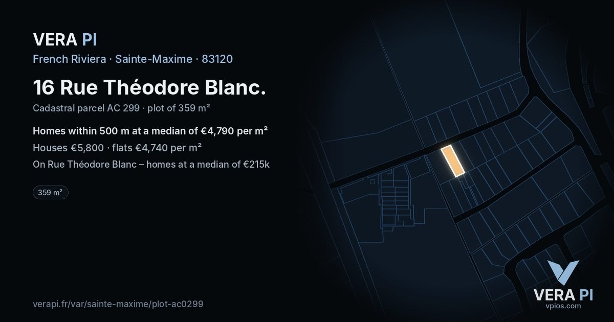 16 Rue Théodore Blanc, Sainte-Maxime at night – the plot lit, the parcels around coloured by the prices near them