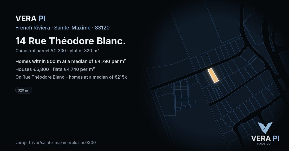 14 Rue Théodore Blanc, Sainte-Maxime at night – the plot lit, the parcels around coloured by the prices near them
