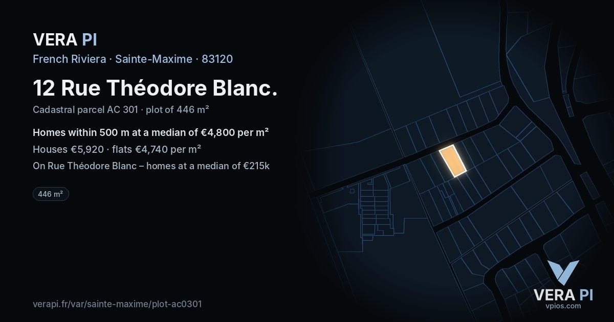 12 Rue Théodore Blanc, Sainte-Maxime at night – the plot lit, the parcels around coloured by the prices near them