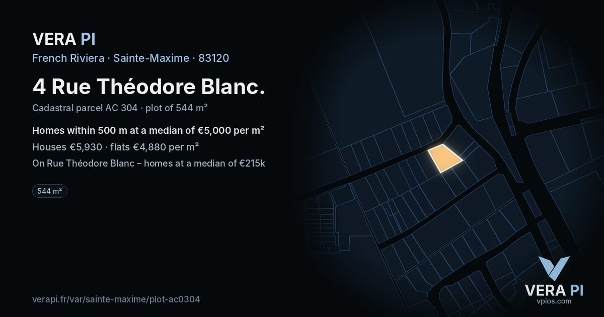 4 Rue Théodore Blanc, Sainte-Maxime at night – the plot lit, the parcels around coloured by the prices near them