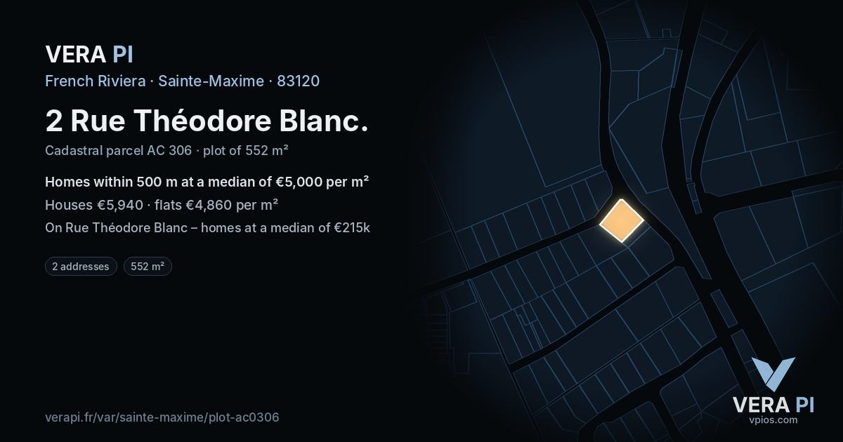 2 Rue Théodore Blanc, Sainte-Maxime at night – the plot lit, the parcels around coloured by the prices near them
