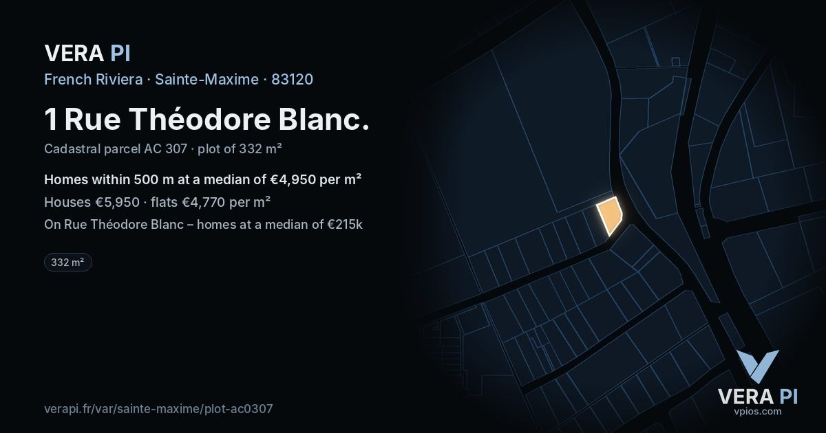 1 Rue Théodore Blanc, Sainte-Maxime at night – the plot lit, the parcels around coloured by the prices near them