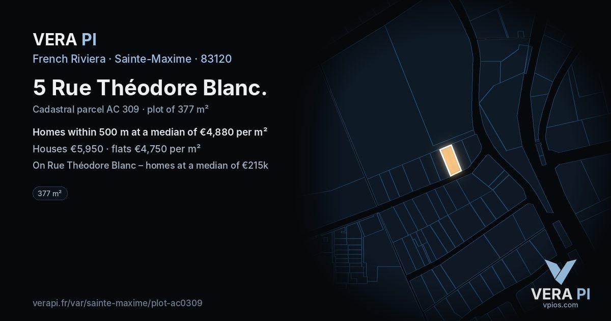 5 Rue Théodore Blanc, Sainte-Maxime at night – the plot lit, the parcels around coloured by the prices near them