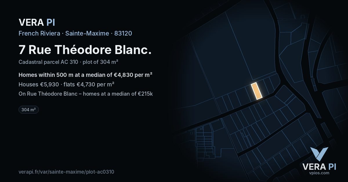 7 Rue Théodore Blanc, Sainte-Maxime at night – the plot lit, the parcels around coloured by the prices near them