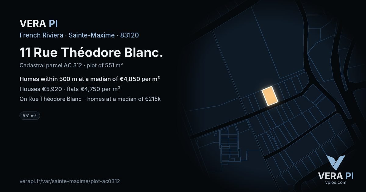 11 Rue Théodore Blanc, Sainte-Maxime at night – the plot lit, the parcels around coloured by the prices near them