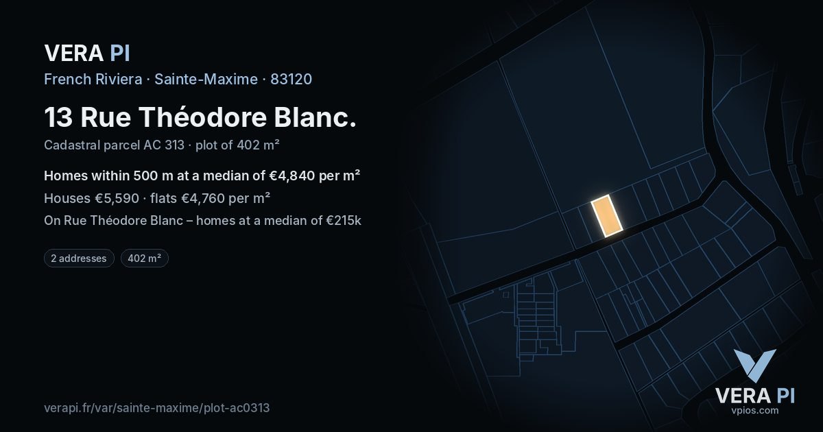 13 Rue Théodore Blanc, Sainte-Maxime at night – the plot lit, the parcels around coloured by the prices near them