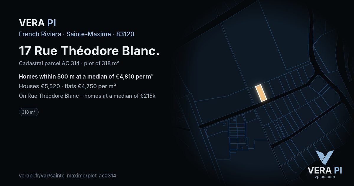 17 Rue Théodore Blanc, Sainte-Maxime at night – the plot lit, the parcels around coloured by the prices near them