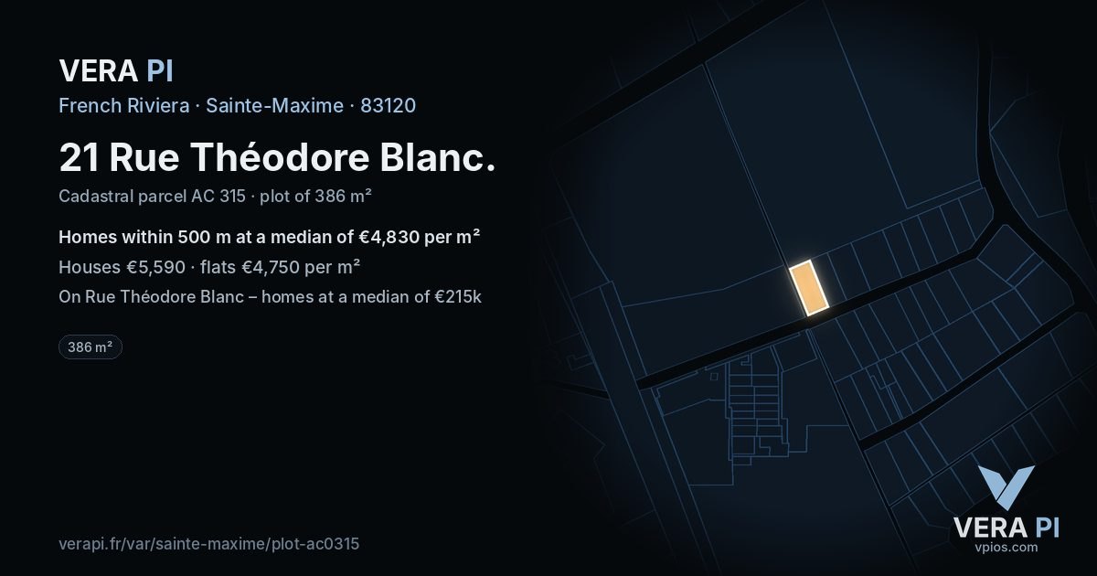 21 Rue Théodore Blanc, Sainte-Maxime at night – the plot lit, the parcels around coloured by the prices near them