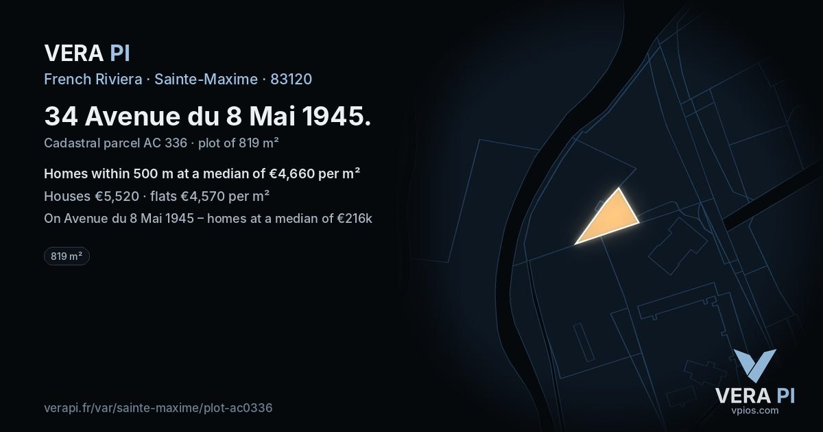 34 Avenue du 8 Mai 1945, Sainte-Maxime at night – the plot lit, the parcels around coloured by the prices near them